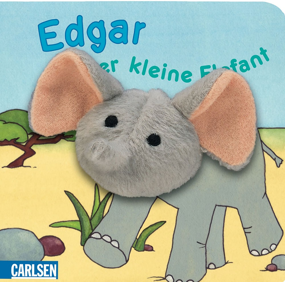 Edgar der kleine Elefant - German finger puppet book from Carlsen. book cover with a plush elephant head over an illustrated elephant body