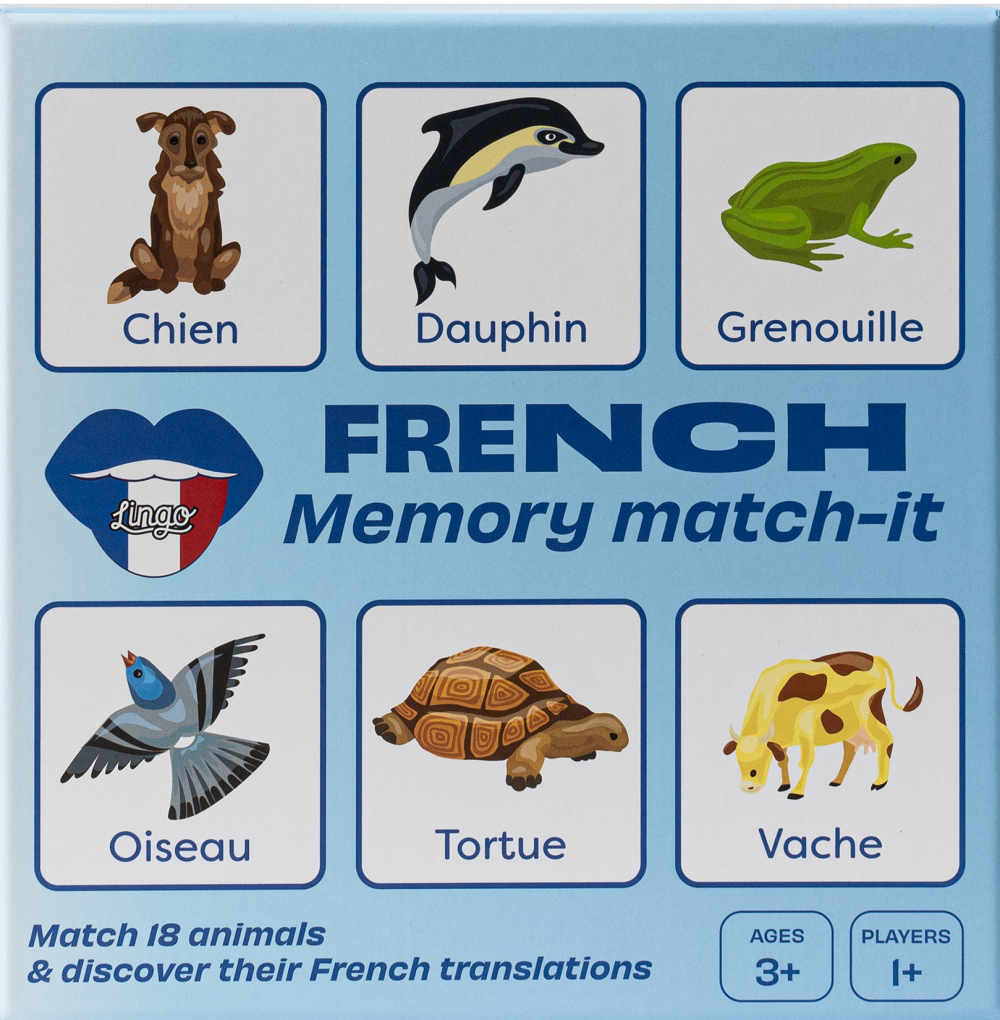 French memory match-it game - Match 18 animals and discover their French translations. Ages 3+