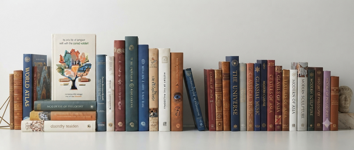 A styled flat-lay featuring a navy blue hardcover book with gold lettering that reads 'A WORLD OF LANGUAGES,' stacked on top of other books, alongside a cream mug, notebook, pen, postcard, and world map print on a dark blue background.