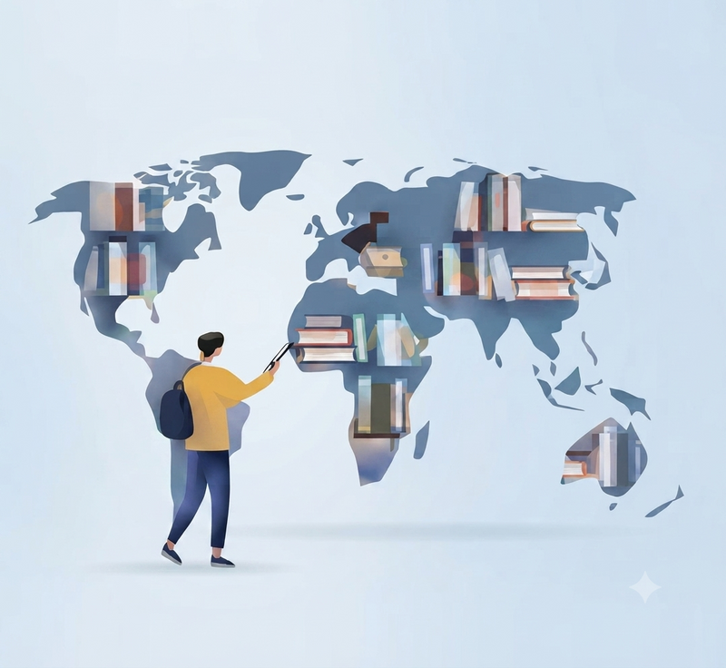 A stylized illustration of a person walking beside a world map made of bookshelves filled with books, on a pale blue background.