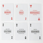 Hebrew Lingo Cards Sample Card with Hebrew letters, phonetic description and English translation along with numbers and suits of a regular deck of cards.