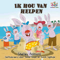 IK HOU VAN HELPEN featuring cartoon rabbits playing on a beach and building a sandcastle, with author Shelley Admont and illustrator Sonal Goyal credited at the bottom.
