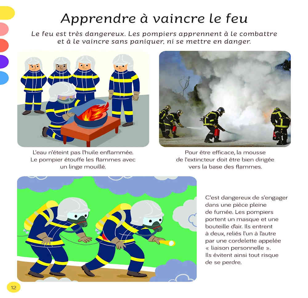 L'Imagerie Les Pompiers Sample Page - Apprendre à vaincre le feu' showing three illustrated panels about firefighting and extinguishing fire, with diagrams, firefighters, flames, and explanatory text.