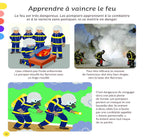 L'Imagerie Les Pompiers Sample Page - Apprendre à vaincre le feu' showing three illustrated panels about firefighting and extinguishing fire, with diagrams, firefighters, flames, and explanatory text.