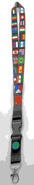 Lanyard with international country flags and a keychain on a black background