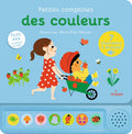Petites comptines des couleurs illustré par Marie-Élise Masson. 7 chansons à écouter from Milan. Image of a woman pusshing a boy in a wheelbarrow who is eating an apple.