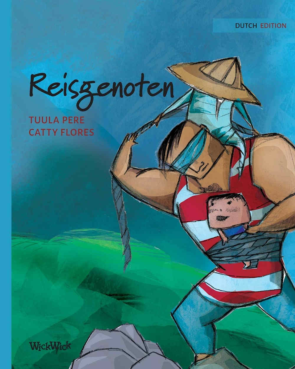 Reisgenoten Dutch book Travelling by Tuula Pere and illustrated by Catty Flores. Old man being carried on the back of a blind man and a baby strapped to his waist.