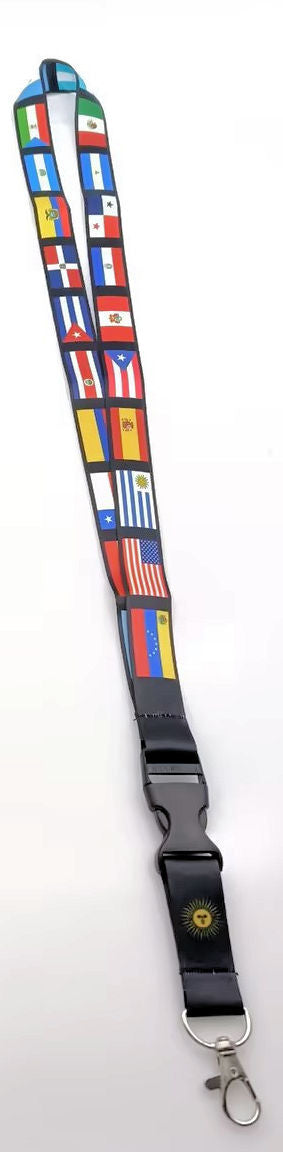 Spanish Speaking Countries Flags Lanyard - Hang the flags of 22 Spanish speaking countries around your neck with this sturdy lanyard. Includes a detachable key chain. 