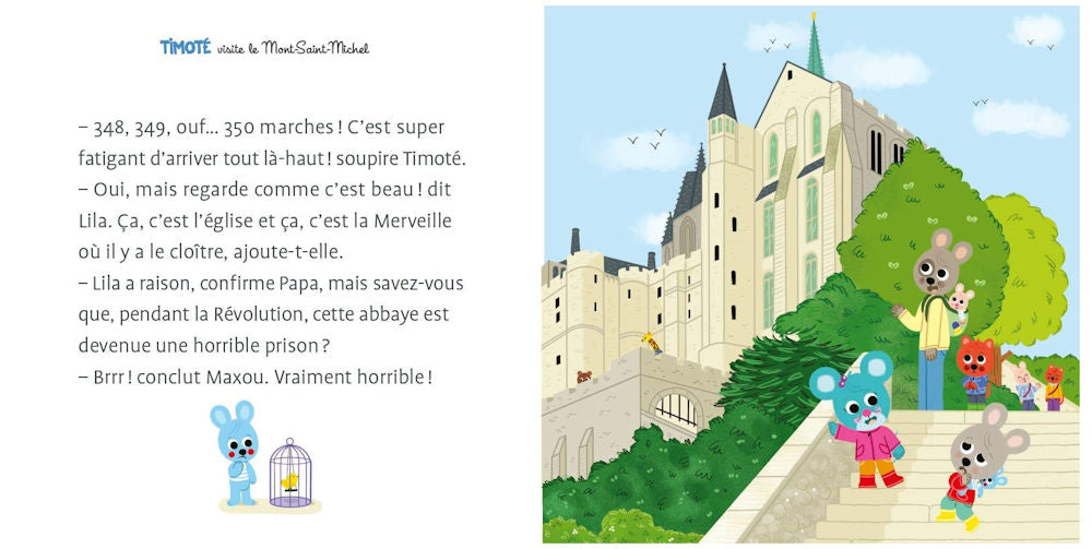 Sample page from the book Timoté visite le Mont-Saint-Michel with an image of Timoté and his family.
