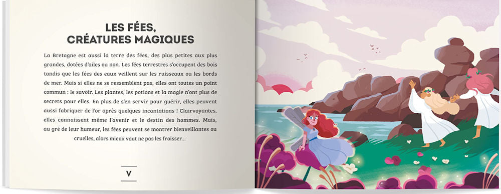 Légendes de Bretagne - Depuis la nuit des temps, la Bretagne est une terre de mystères. Sample Pages - Les fées, crétures magiques with a picture of a fairy and 2 women.