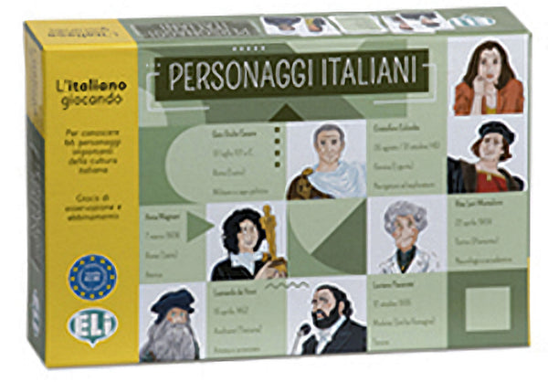Personaggi Italiani è un gioco di carte molto utile e divertente, basato sull’abbinamento tra carte illustrate con i ritratti che rappresentano alcuni fra i più importanti personaggi della cultura italiana 