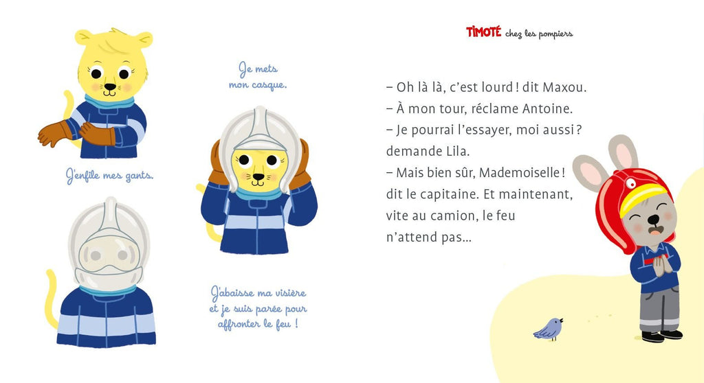 Timoté chez les pompiers sample page - Timoté tries on the helmet.