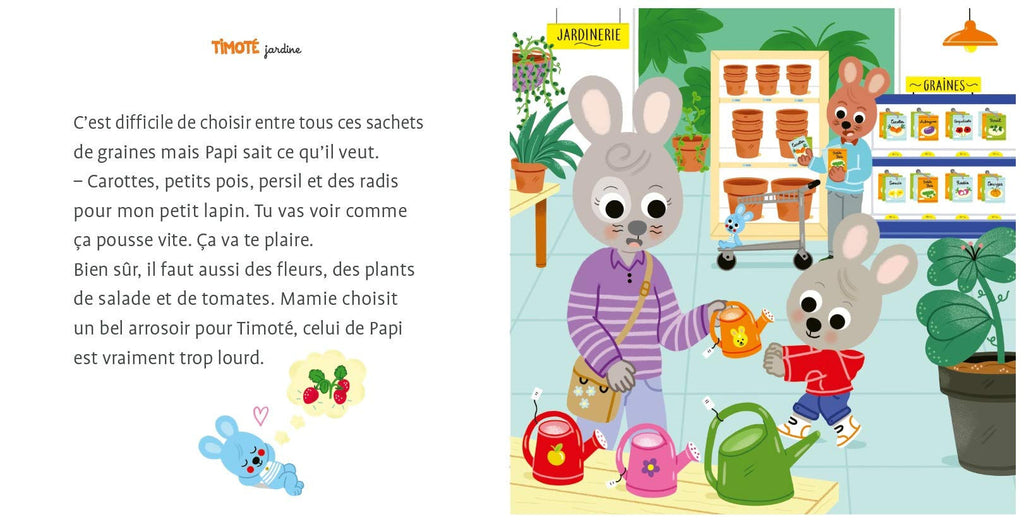 Timoté jardine sample page Timoté getting a watering can.